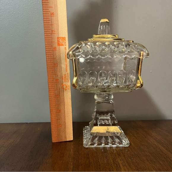 Mid-Century Modern gold-trimmed glass candy dish with a lid. - Picture 9 of 14
